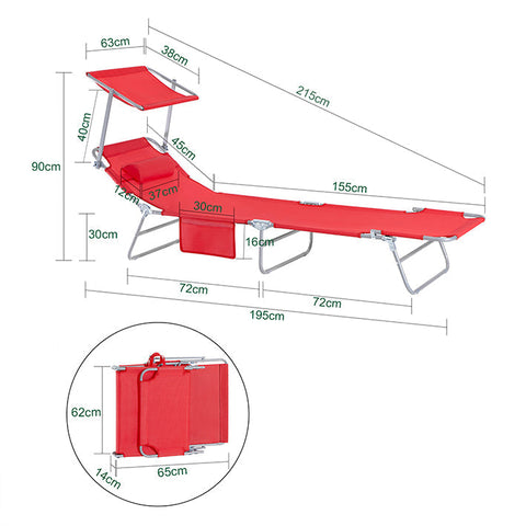 Rootz Adjustable Sun Lounger with Canopy - Garden Lounger - Beach Lounger - Durable Metal Frame - Synthetic Fiber Fabric - Multi-Position - Storage Pocket - 195cm x 90cm x 63cm