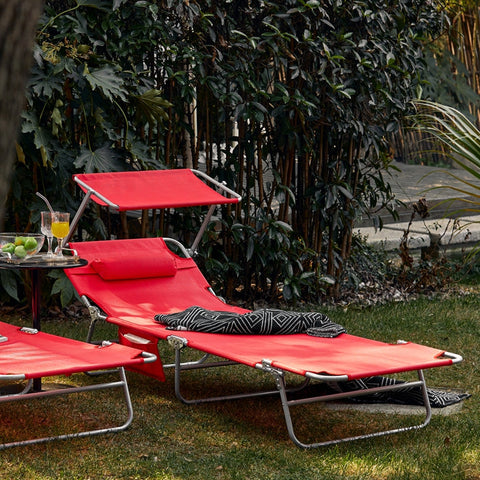 Rootz Adjustable Sun Lounger with Canopy - Garden Lounger - Beach Lounger - Durable Metal Frame - Synthetic Fiber Fabric - Multi-Position - Storage Pocket - 195cm x 90cm x 63cm