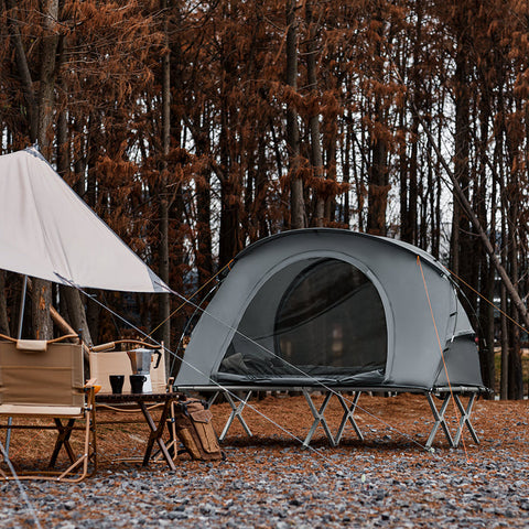 Rootz 4-in-1 Camping Tent Set - Camp Bed - Camping Lounger - Sleeping Bag - Durable Oxford Nylon - Easy Transport - Mosquito Protection - 194cm x 157cm x 145cm