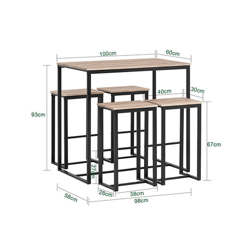 Rootz 5-Piece Bar Table Set - Bar Stools - Dining Set - MDF Top with PVC, Metal Frame - Versatile, Durable, Easy Maintenance - Table: 100cm x 96cm x 60cm, Stools: 40cm x 67cm x 30cm