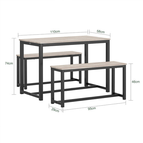 Rootz 3-Piece Dining Set - Seating Group - Kitchen Table Set - Space-Saving Design - Sturdy MDF and Metal Frame - Ideal for Home and Commercial Use - Table: 110cm x 74cm x 58cm, Bench: 95cm x 46cm x 29cm