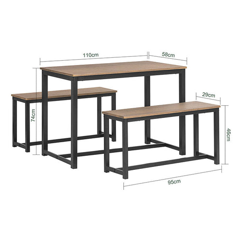 Rootz 3-Piece Dining Set - Seating Group - Kitchen Table Set - Space-Saving Design - MDF Veneer Tabletop - Sturdy Metal Frame - Table: 110cm x 74cm x 58cm, Bench: 95cm x 46cm x 29cm