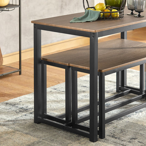 Rootz 3-Piece Dining Set - Seating Group - Kitchen Table Set - Space-Saving Design - MDF Veneer Tabletop - Sturdy Metal Frame - Table: 110cm x 74cm x 58cm, Bench: 95cm x 46cm x 29cm