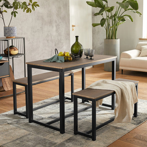 Rootz 3-Piece Dining Set - Seating Group - Kitchen Table Set - Space-Saving Design - MDF Veneer Tabletop - Sturdy Metal Frame - Table: 110cm x 74cm x 58cm, Bench: 95cm x 46cm x 29cm