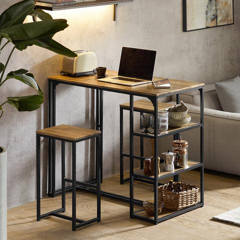 Rootz 3-Piece Bar Table Set - Bar Table with 2 Chairs - Dining Set - MDF Tabletop with PVC - Metal Frame - Space-Saving Storage Shelves - Ideal for Kitchen, Dining Room, Garden - 110cm x 97cm x 61cm