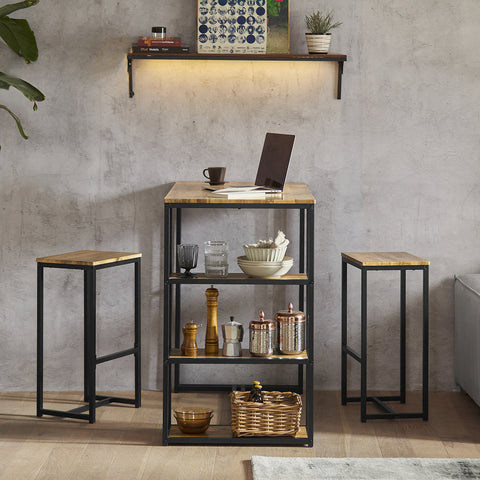Rootz 3-Piece Bar Table Set - Bar Table with 2 Chairs - Dining Set - MDF Tabletop with PVC - Metal Frame - Space-Saving Storage Shelves - Ideal for Kitchen, Dining Room, Garden - 110cm x 97cm x 61cm
