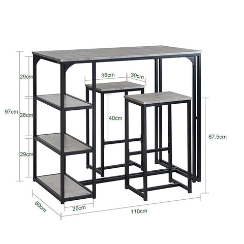 Rootz 3-Piece Bar Table Set - Dining Table with 2 Stools - Kitchen Counter Set - Space-Saving Design - Sturdy Metal Frame - Ideal for Kitchen, Dining Room, Garden - Light Gray - Table: 110cm x 97cm x 60cm, Stools: 38cm x 67.5cm x 30cm