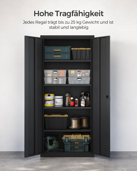 Rootz Storage Cabinet - Black Organizer - Steel Shelving Unit - Heavy Duty - 40cm x 80cm x 180cm - 25kg Capacity