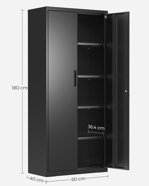 Rootz Storage Cabinet - Black Organizer - Steel Shelving Unit - Heavy Duty - 40cm x 80cm x 180cm - 25kg Capacity