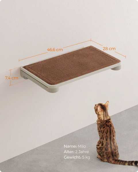 Rootz Cat Wall Shelf - Cat Perch - Cat Climbing Shelf - Chipboard - Pine Wood - Felt - 46.6cm x 28cm x 7.4cm - Oatmeal Brown Coffee Brown - 2.2kg - 38.5kg Max Load Capacity