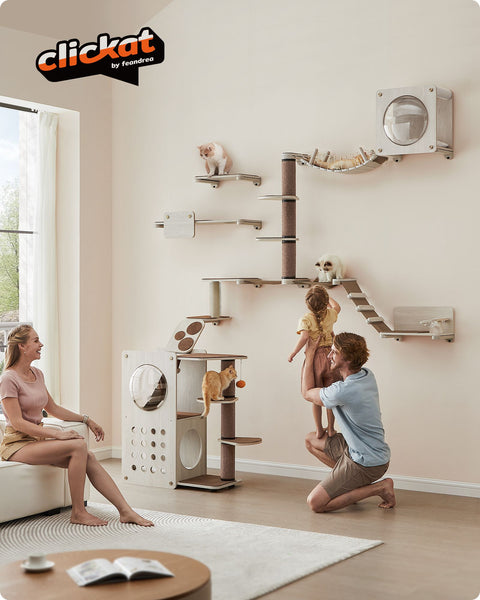 Rootz Cat Wall Shelf - Cat Perch - Cat Climbing Shelf - Chipboard - Pine Wood - Felt - 46.6cm x 28cm x 7.4cm - Oatmeal Brown Coffee Brown - 2.2kg - 38.5kg Max Load Capacity