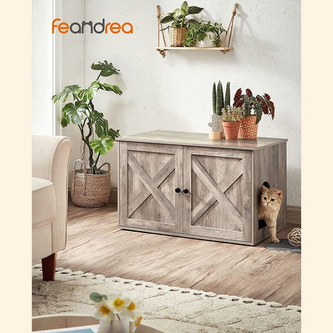 Rootz Rustic Style Litter Box Cabinet - Cat Furniture - Enclosed Cat Litter Box - Wood Cat House - Greige - 80cm x 53cm x 49.2cm