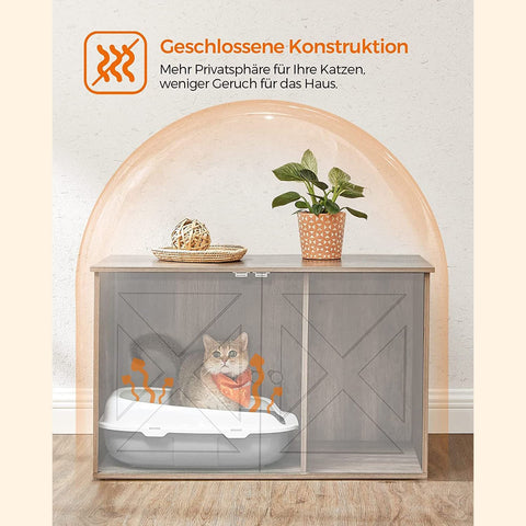 Rootz Rustic Style Litter Box Cabinet - Cat Furniture - Enclosed Cat Litter Box - Wood Cat House - Greige - 80cm x 53cm x 49.2cm