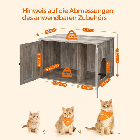 Rootz Rustic Style Litter Box Cabinet - Cat Furniture - Enclosed Cat Litter Box - Wood Cat House - Greige - 80cm x 53cm x 49.2cm