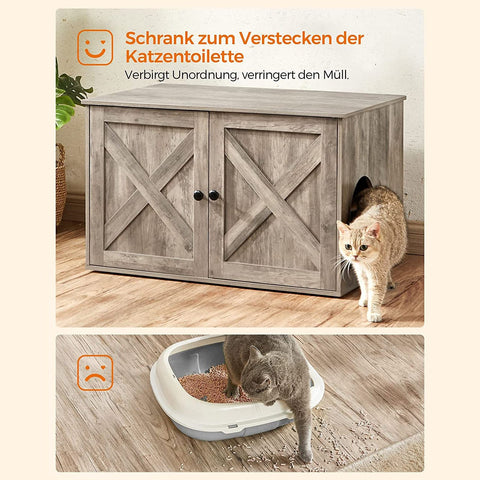 Rootz Rustic Style Litter Box Cabinet - Cat Furniture - Enclosed Cat Litter Box - Wood Cat House - Greige - 80cm x 53cm x 49.2cm