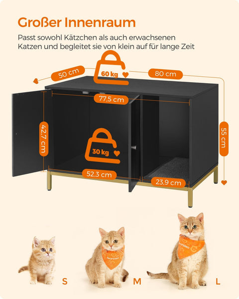 Rootz Cat Litter Box Cabinet - Scratching Post - Gold Legs - Chipboard & Steel - Large 80 x 50 x 55 cm - 16.3 kg - Black-Gold - 60 kg Capacity