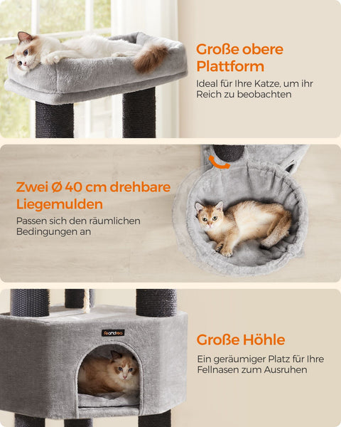 Rootz Cat Scratching Post - Cat Tree - Cat Climbing Frame - Chipboard Construction - Plush Covering - Sisal Rope - 50cm x 50cm x 160cm