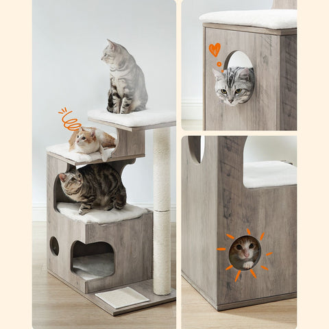 Rootz Cat Scratching Post - Cat Tower - Kitty Condo - Cozy Cave - Sisal Wrapped Trunk - Plush Cushions - Scratching Mat - Greige White - MDF - 66cm x 40cm x 86cm
