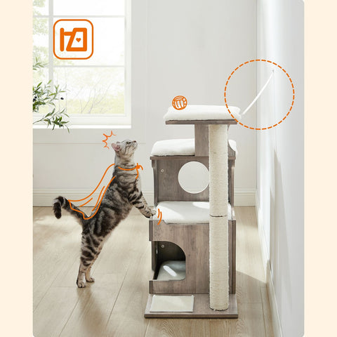 Rootz Cat Scratching Post - Cat Tower - Kitty Condo - Cozy Cave - Sisal Wrapped Trunk - Plush Cushions - Scratching Mat - Greige White - MDF - 66cm x 40cm x 86cm