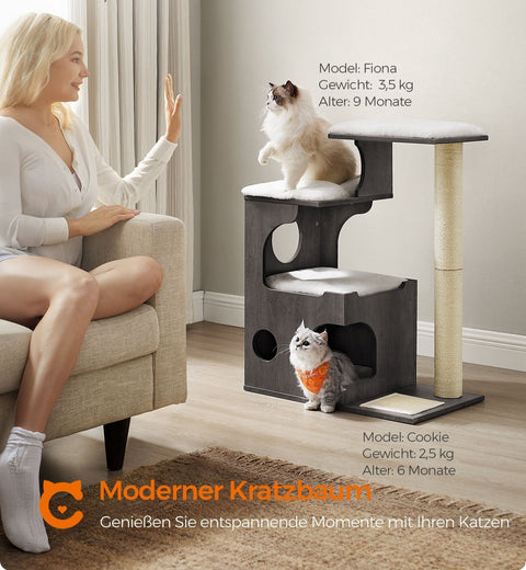 Rootz Scratching Post - Cat Tree - Cat Scratcher - Washable Cat Bed - Chipboard - 500 g/m2 Plush - Sisal - 66cm x 40cm x 86cm