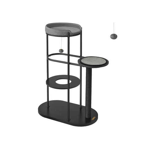 Rootz Classic Black Scratching Post - Cat Tree - Climbing Tower - Steel Frame - Chipboard Platforms - Sisal Rope - 80cm x 43cm x 111cm - 15.4kg - 60kg Max Load Capacity