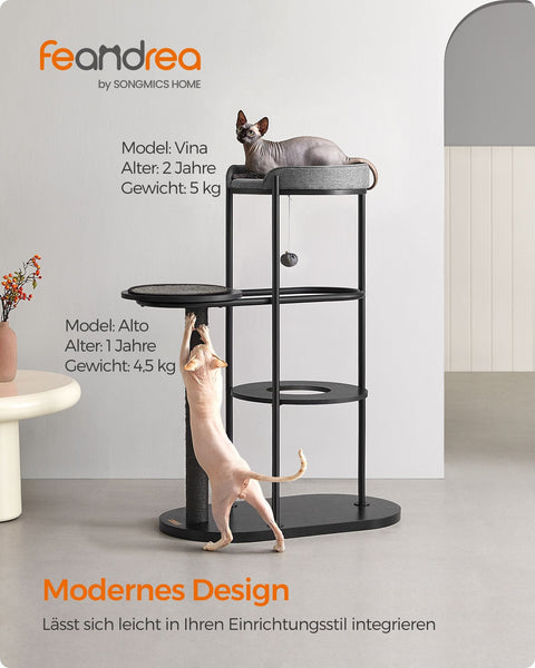 Rootz Classic Black Scratching Post - Cat Tree - Climbing Tower - Steel Frame - Chipboard Platforms - Sisal Rope - 80cm x 43cm x 111cm - 15.4kg - 60kg Max Load Capacity