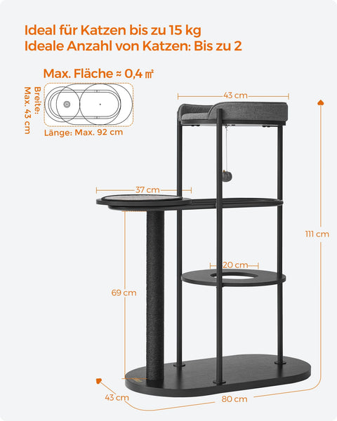 Rootz Classic Black Scratching Post - Cat Tree - Climbing Tower - Steel Frame - Chipboard Platforms - Sisal Rope - 80cm x 43cm x 111cm - 15.4kg - 60kg Max Load Capacity