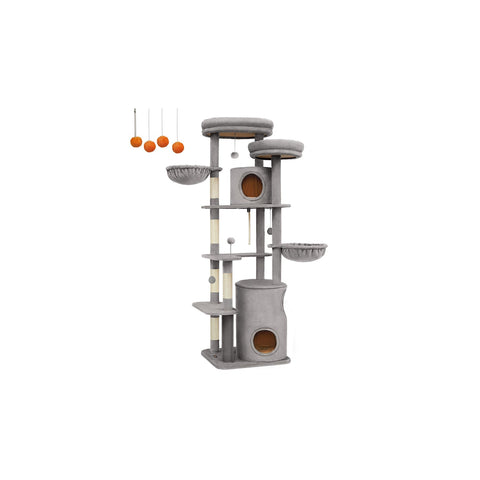 Rootz Large Scratching Post - Cat Tree - Climbing Tower - Chipboard - Plush - Sisal - 60cm x 55cm x 196cm - Light Grey