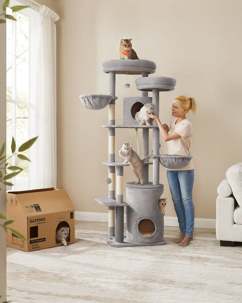 Rootz Large Scratching Post - Cat Tree - Climbing Tower - Chipboard - Plush - Sisal - 60cm x 55cm x 196cm - Light Grey