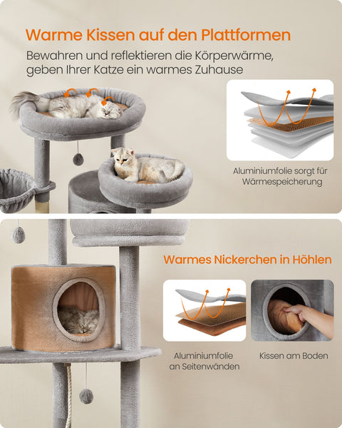 Rootz Large Scratching Post - Cat Tree - Climbing Tower - Chipboard - Plush - Sisal - 60cm x 55cm x 196cm - Light Grey