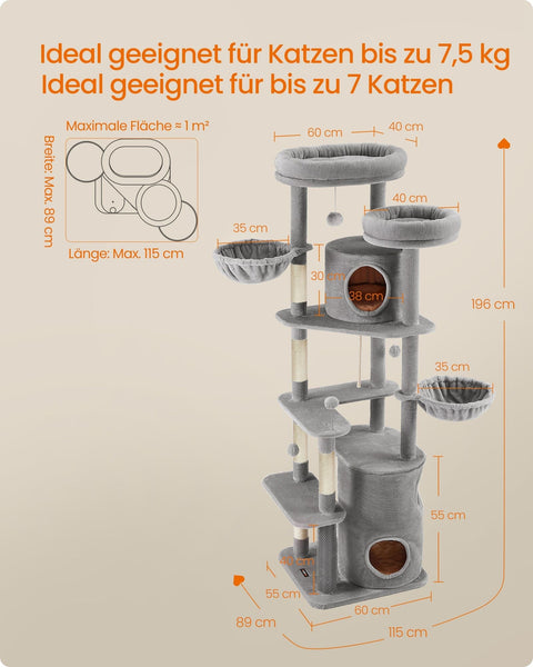 Rootz Large Scratching Post - Cat Tree - Climbing Tower - Chipboard - Plush - Sisal - 60cm x 55cm x 196cm - Light Grey