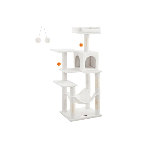 Rootz Cat Scratching Post - Cat Tree - Cat Climber - Chipboard Construction - Plush Covering - Sisal Rope - 55cm x 45cm x 143cm - Cream White - 13kg - Max. 40kg Load Capacity - Ideal for Up to 4 Cats