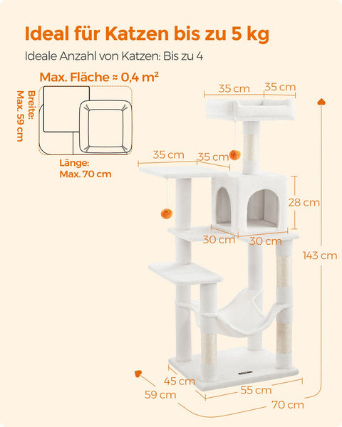Rootz Cat Scratching Post - Cat Tree - Cat Climber - Chipboard Construction - Plush Covering - Sisal Rope - 55cm x 45cm x 143cm - Cream White - 13kg - Max. 40kg Load Capacity - Ideal for Up to 4 Cats