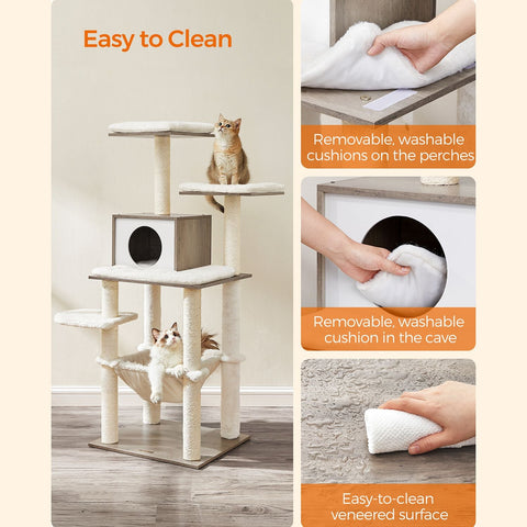 Rootz Greige Scratching Post - Cat Tree - Cat Scratcher - High-Quality Materials - Stability - Safety - Longevity - 55cm x 45cm x 138cm