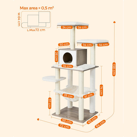 Rootz Greige Scratching Post - Cat Tree - Cat Scratcher - High-Quality Materials - Stability - Safety - Longevity - 55cm x 45cm x 138cm