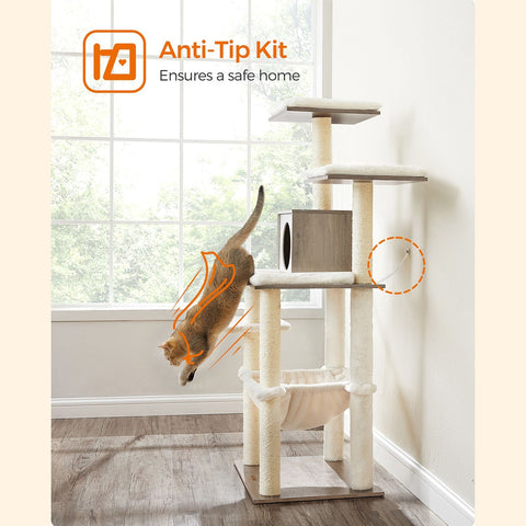Rootz Greige Scratching Post - Cat Tree - Cat Scratcher - High-Quality Materials - Stability - Safety - Longevity - 55cm x 45cm x 138cm