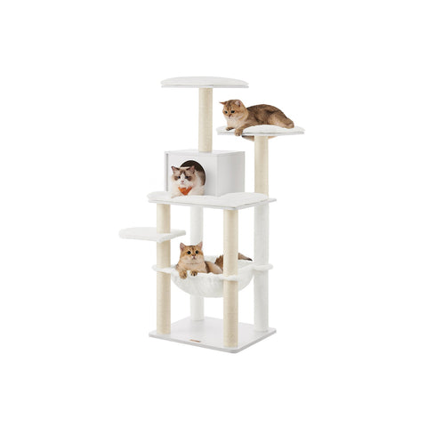 Rootz Cat Scratching Post - Cat Tree - Cat Climbing Frame - Chipboard Construction - Plush Covering - Sisal Rope - 55cm x 45cm x 138cm