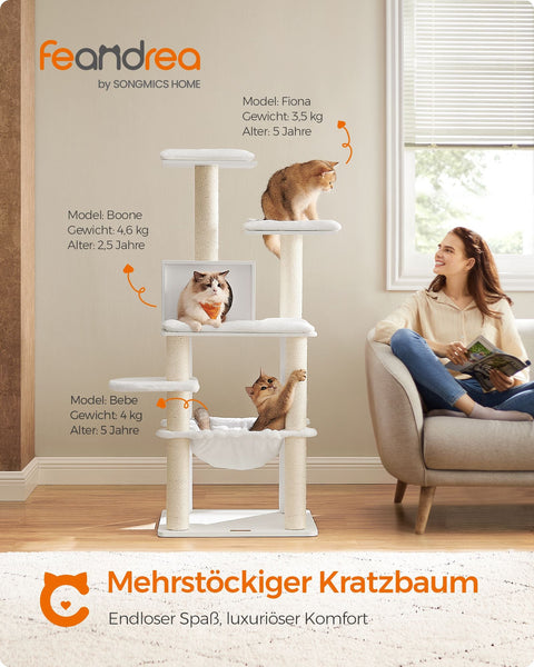 Rootz Cat Scratching Post - Cat Tree - Cat Climbing Frame - Chipboard Construction - Plush Covering - Sisal Rope - 55cm x 45cm x 138cm