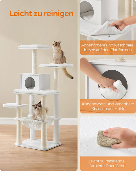 Rootz Cat Scratching Post - Cat Tree - Cat Climbing Frame - Chipboard Construction - Plush Covering - Sisal Rope - 55cm x 45cm x 138cm