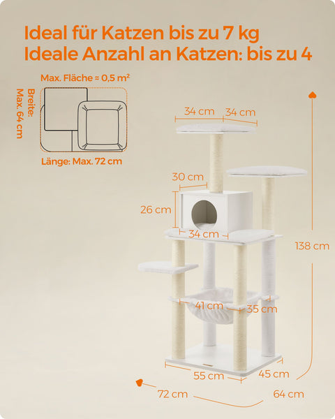 Rootz Cat Scratching Post - Cat Tree - Cat Climbing Frame - Chipboard Construction - Plush Covering - Sisal Rope - 55cm x 45cm x 138cm