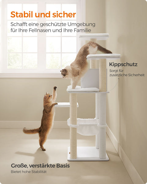 Rootz Cat Scratching Post - Cat Tree - Cat Climbing Frame - Chipboard Construction - Plush Covering - Sisal Rope - 55cm x 45cm x 138cm