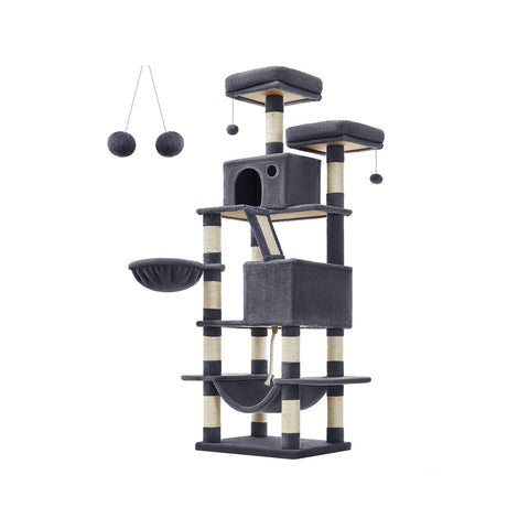 Rootz Multi-Story Cat Scratching Post - Cat Tree - Cat Condo - High-Quality Materials - Cozy Plush - 2 Caves - Basket - Hammock - Protects Furniture - Chipboard - Sisal - Smoke Gray - 55cm x 45cm x 168cm