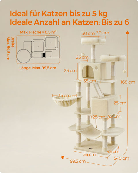 Rootz Beige Cat Scratching Post - Cat Tree - Cat Tower - Chipboard Plush Sisal - 55cm x 45cm x 168cm - 18.4kg - 65kg Load Capacity