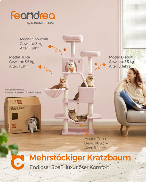 Rootz Pastel Pink Cat Scratching Post - Cat Tree - Cat Climber - Chipboard Plush Sisal - 65kg Load Capacity - 55cm x 45cm x 168cm