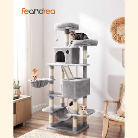 Rootz Multi-Level Cat Scratching Post - Cat Tree - Cat Condo - High-Quality Materials - Cozy Plush Cover - Interactive Play Features - Protects Furniture - Suitable for Kittens and Older Cats - Light Gray - Chipboard, Plush, Sisal - 55cm x 45cm x 168cm
