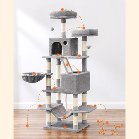 Rootz Multi-Level Cat Scratching Post - Cat Tree - Cat Condo - High-Quality Materials - Cozy Plush Cover - Interactive Play Features - Protects Furniture - Suitable for Kittens and Older Cats - Light Gray - Chipboard, Plush, Sisal - 55cm x 45cm x 168cm