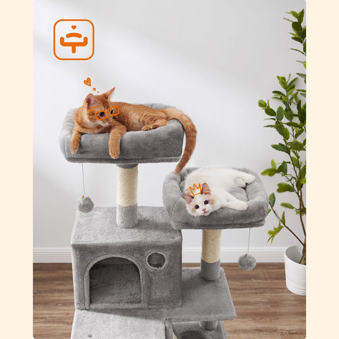 Rootz Multi-Level Cat Scratching Post - Cat Tree - Cat Condo - High-Quality Materials - Cozy Plush Cover - Interactive Play Features - Protects Furniture - Suitable for Kittens and Older Cats - Light Gray - Chipboard, Plush, Sisal - 55cm x 45cm x 168cm