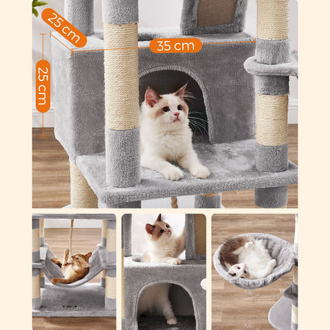 Rootz Multi-Level Cat Scratching Post - Cat Tree - Cat Condo - High-Quality Materials - Cozy Plush Cover - Interactive Play Features - Protects Furniture - Suitable for Kittens and Older Cats - Light Gray - Chipboard, Plush, Sisal - 55cm x 45cm x 168cm