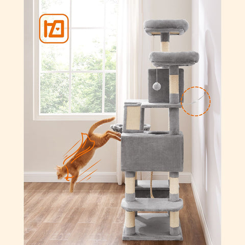 Rootz Multi-Level Cat Scratching Post - Cat Tree - Cat Condo - High-Quality Materials - Cozy Plush Cover - Interactive Play Features - Protects Furniture - Suitable for Kittens and Older Cats - Light Gray - Chipboard, Plush, Sisal - 55cm x 45cm x 168cm