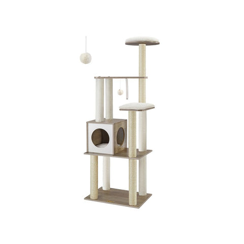 Rootz Scratching Post - Artificial Linen - Cat-friendly Soft - Large Platform - Scratching Board - 2 Caves - Space-saving Cat - Carb Certified Chipboard Plush-sisal - Light Gray - 35 x 25 x 30 cm (W x H x D)